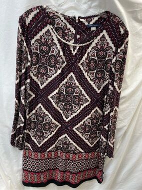 NEW!!! Tommy Hilfiger Cream Burgundy Black Printed Long Sleeve Tunic Dress Sz 16